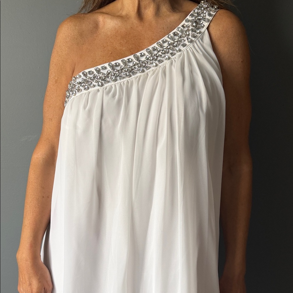 Calvin Klein White One-Shoulder Dress with Silver Details